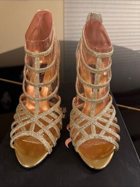 Nina Gold Glitter Strappy Cage High-Heel Sandals